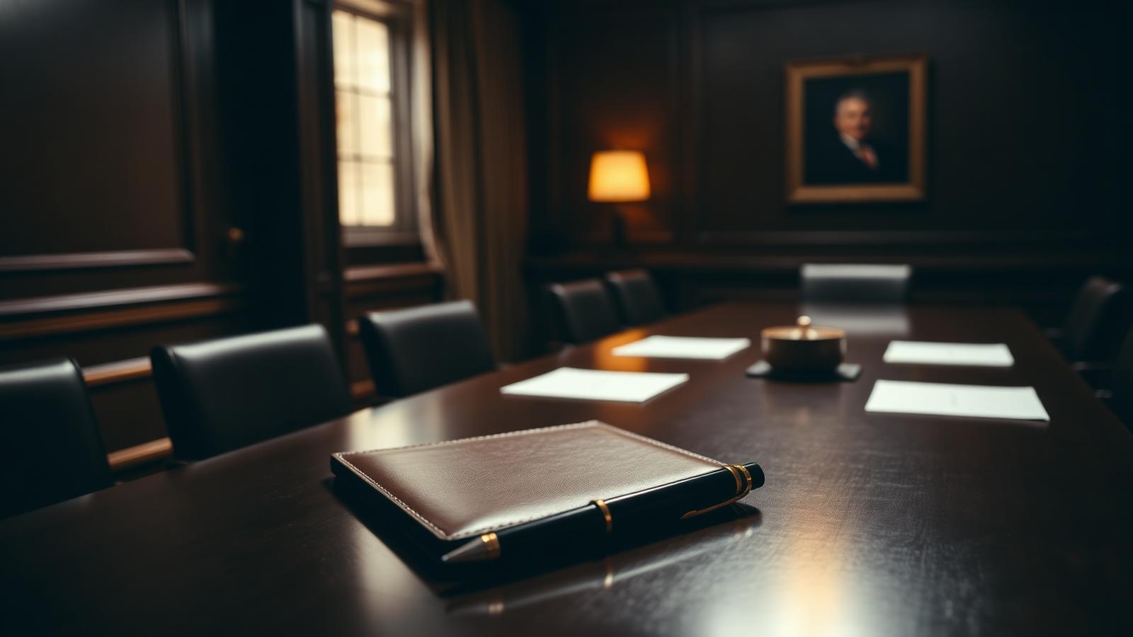 Sala de juntas con portafolios y pluma sobre mesa de caoba