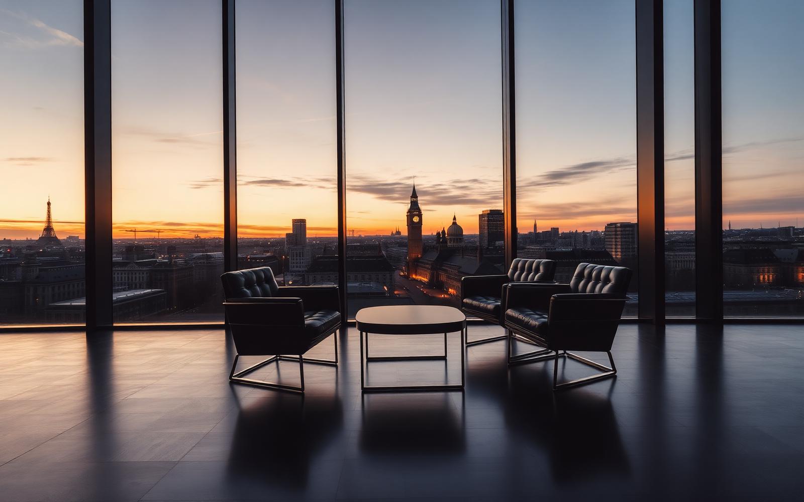 Oficina ejecutiva al atardecer sobre la ciudad